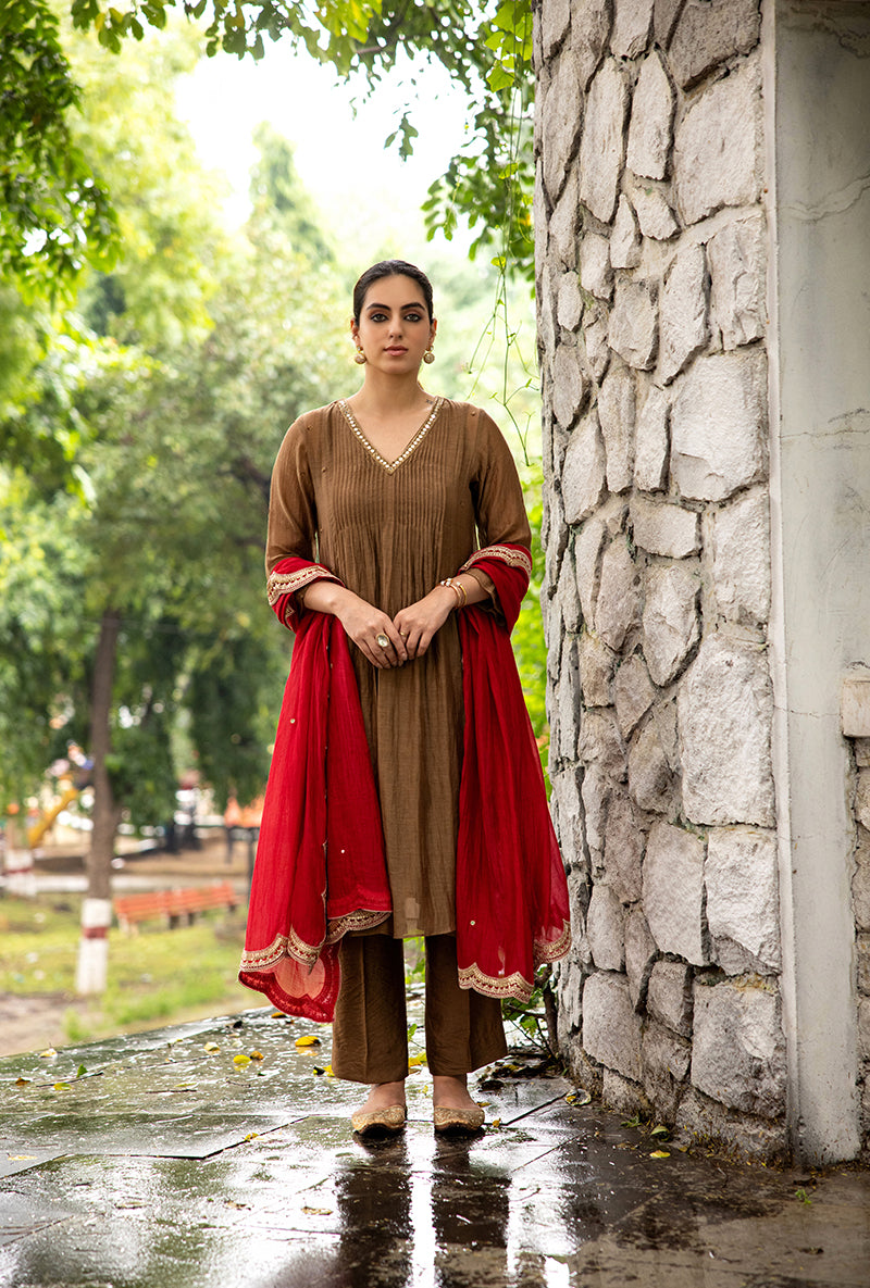 Brown Mirror And Dabka Work Dor Kurta Set