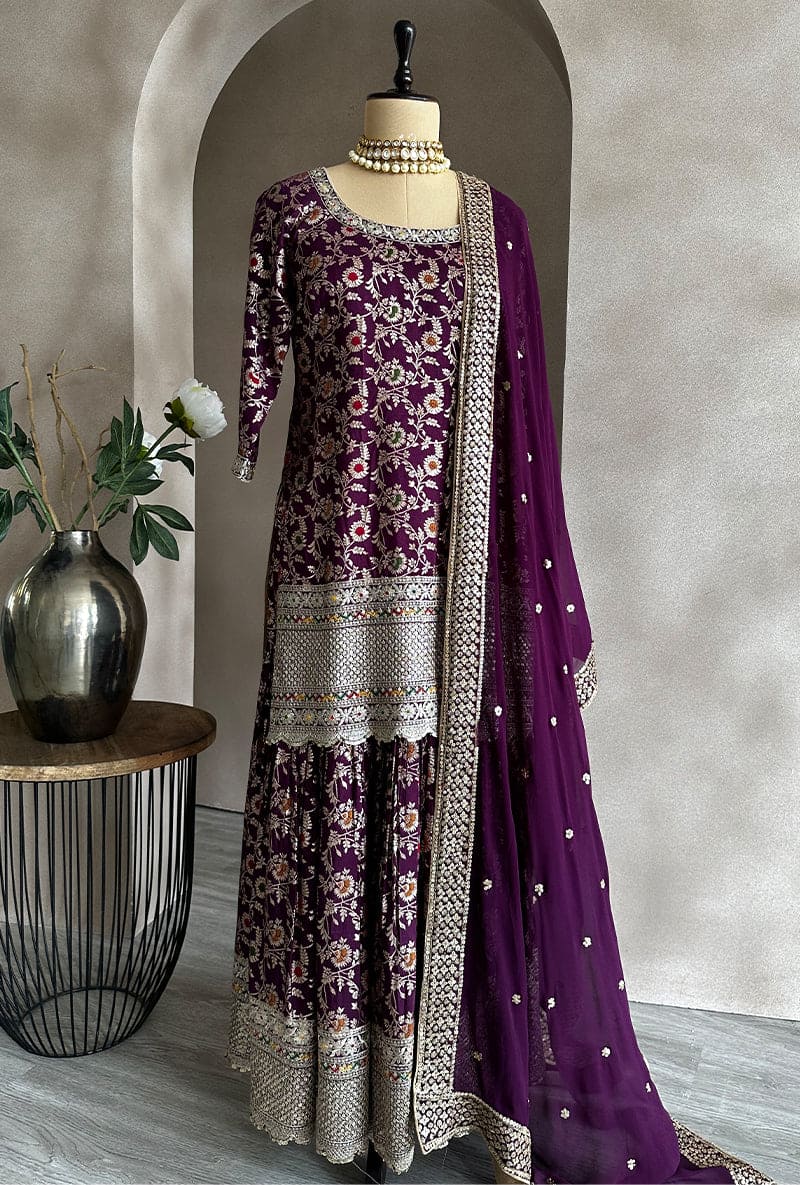 Deep Purple Multi Banarsi Hoor Gharara Set