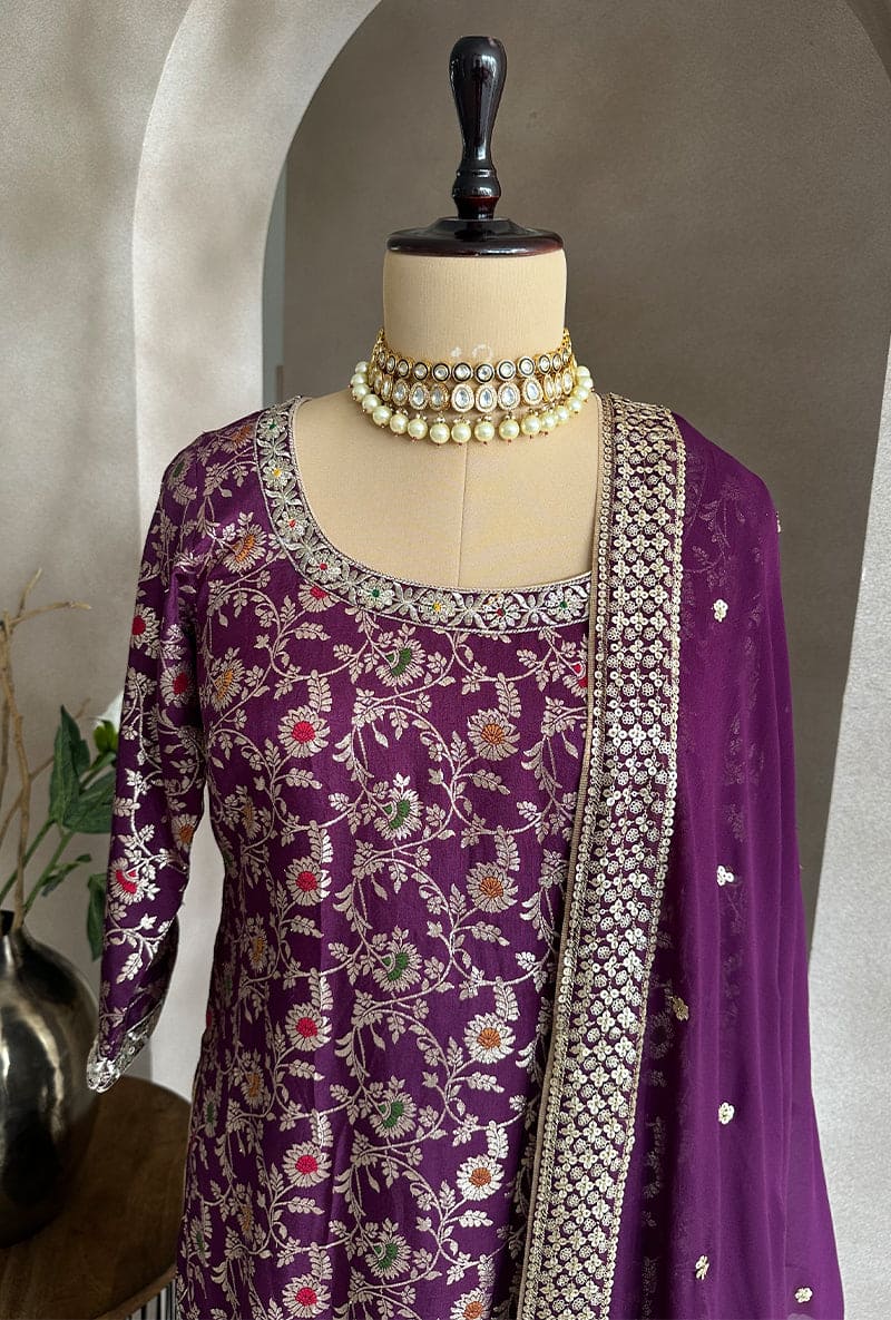 Deep Purple Multi Banarsi Hoor Gharara Set