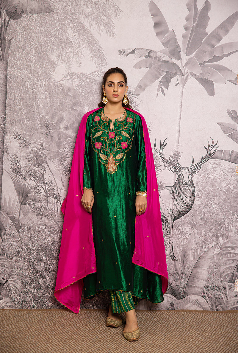 Green Cheent Embroidered Long Yoke Style Shaheen Kurta Set