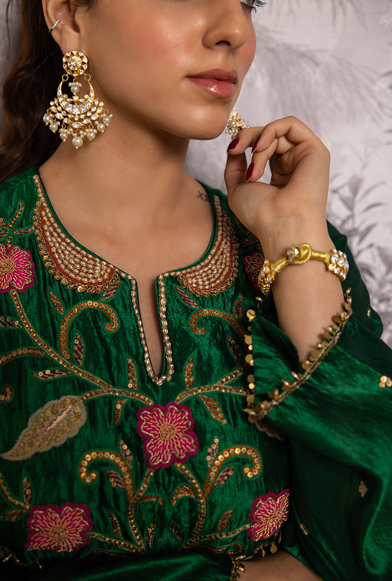 Green Cheent Embroidered Long Yoke Style Shaheen Kurta Set