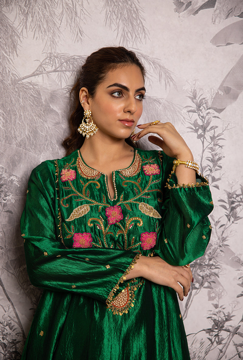 Green Cheent Embroidered Long Yoke Style Shaheen Kurta Set