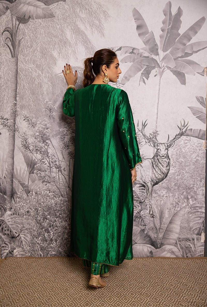 Green Cheent Embroidered Long Yoke Style Shaheen Kurta Set