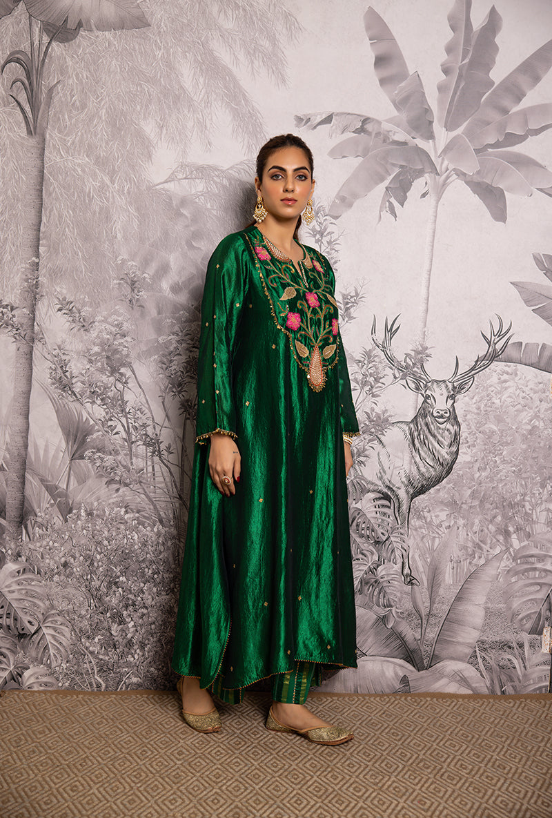 Green Cheent Embroidered Long Yoke Style Shaheen Kurta Set