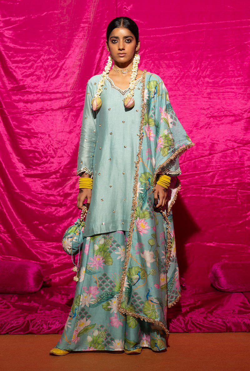 Mint Printed Kamli Sharara Set