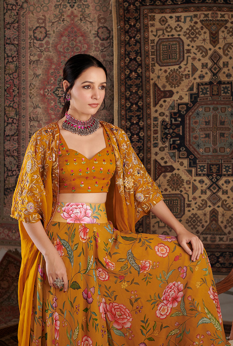 Mustard Ameera Cape Aalam Sharara Set