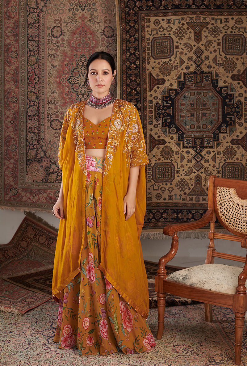 Mustard Ameera Cape Aalam Sharara Set