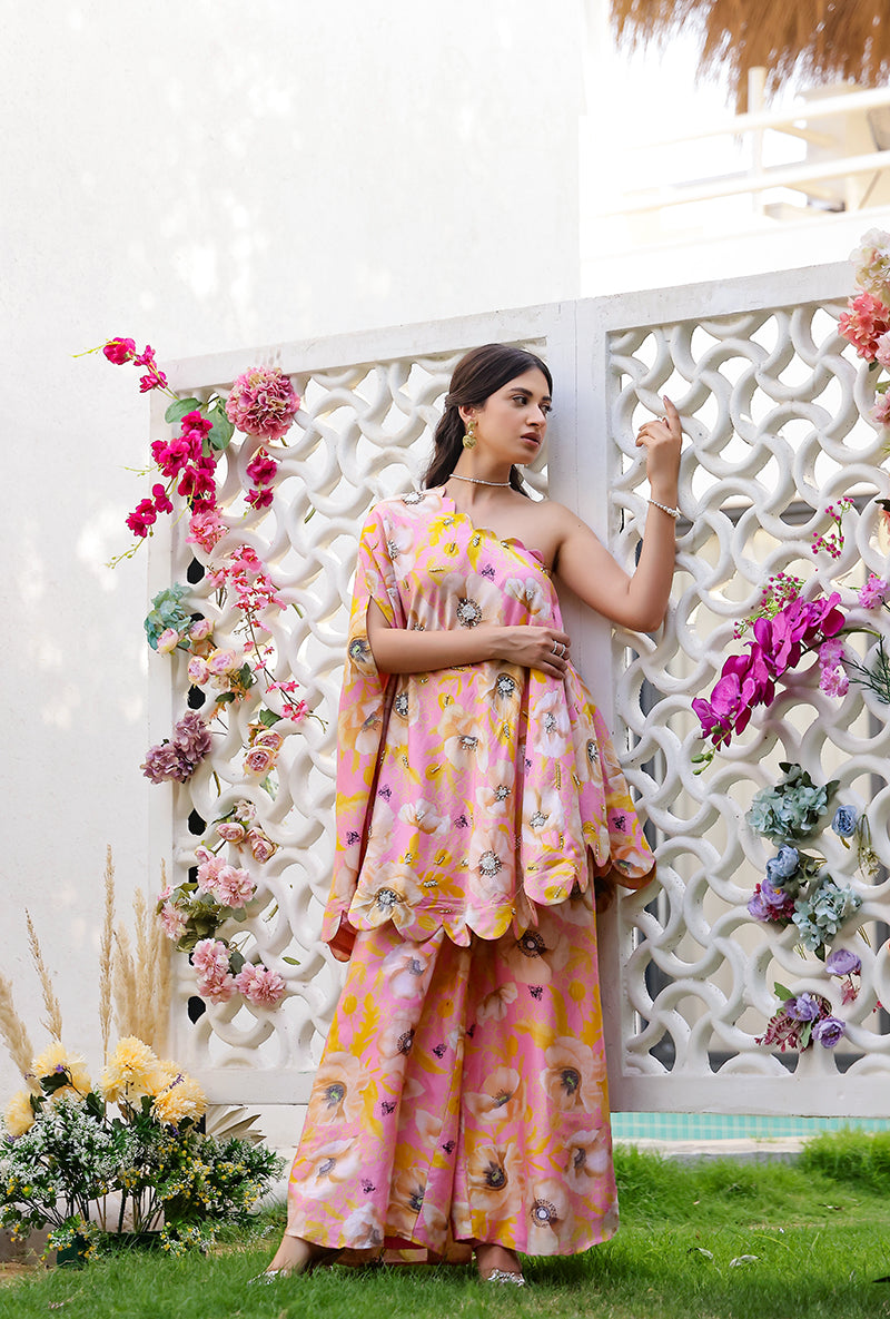Pink And Yellow Garden Printed Off Shoulder Magnolia Sharara Set