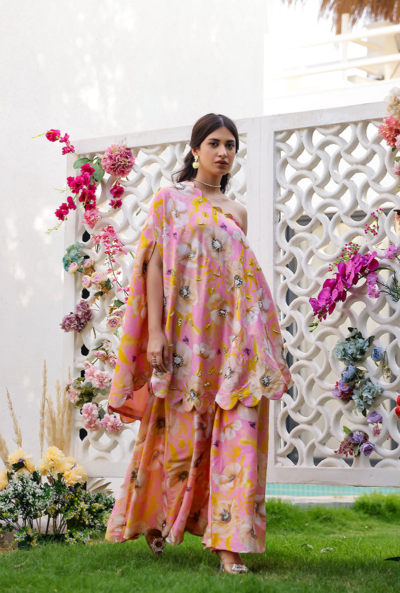 Pink And Yellow Garden Printed Off Shoulder Magnolia Sharara Set