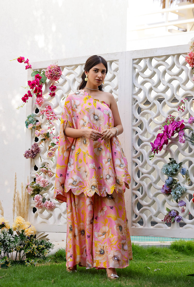 Pink And Yellow Garden Printed Off Shoulder Magnolia Sharara Set