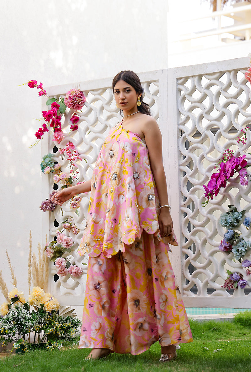 Pink And Yellow Garden Printed Off Shoulder Magnolia Sharara Set