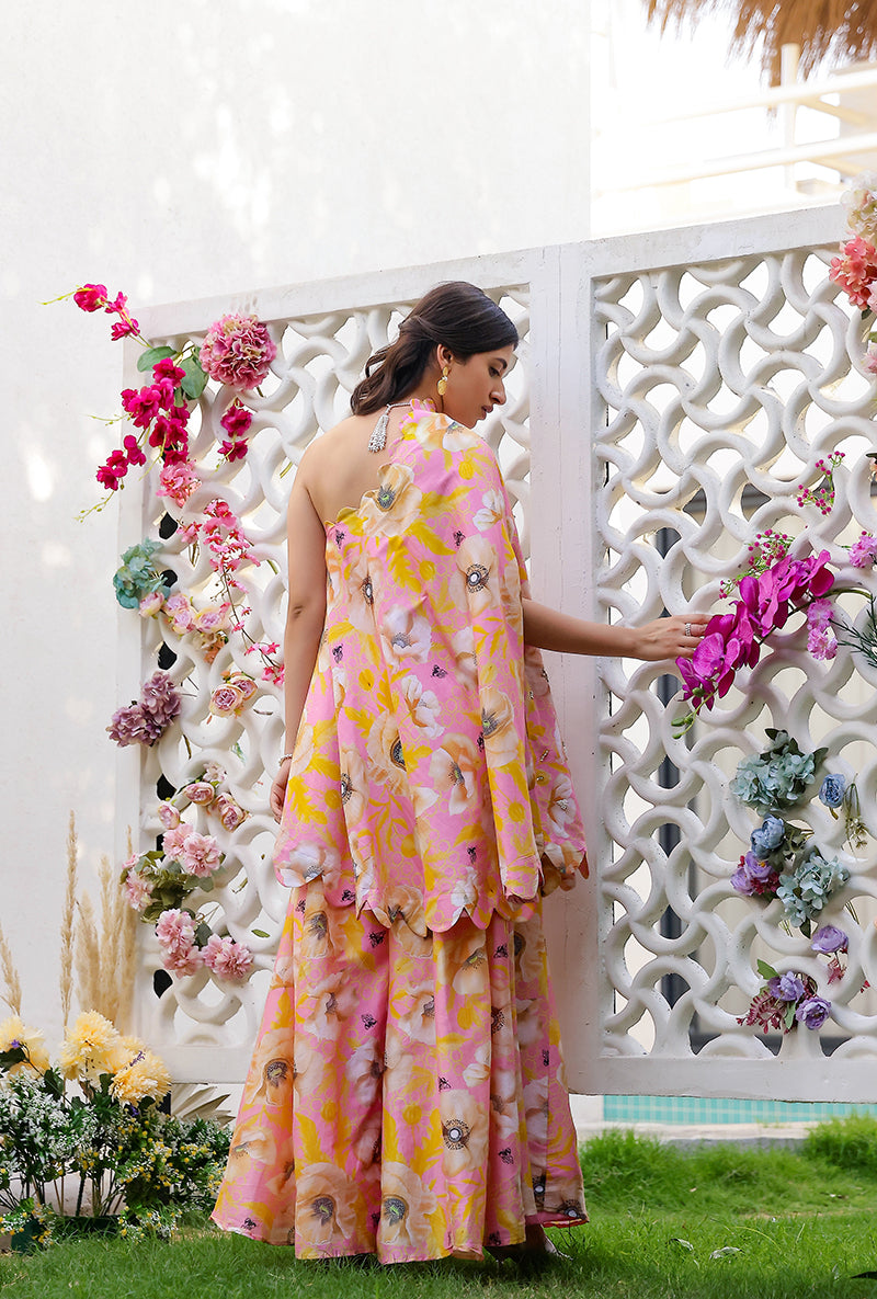 Pink And Yellow Garden Printed Off Shoulder Magnolia Sharara Set