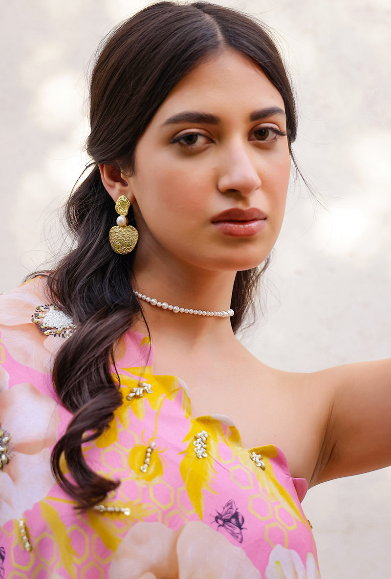 Pink And Yellow Garden Printed Off Shoulder Magnolia Sharara Set