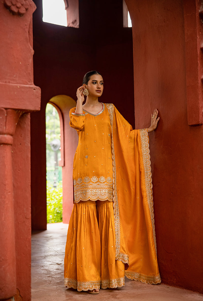 Saffron Tissue Scallop Hoor 3.0 Gharara Set