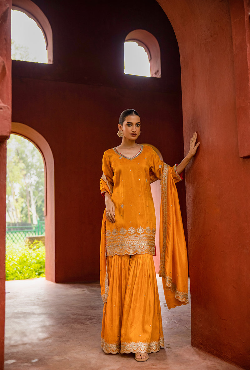 Saffron Tissue Scallop Hoor 3.0 Gharara Set
