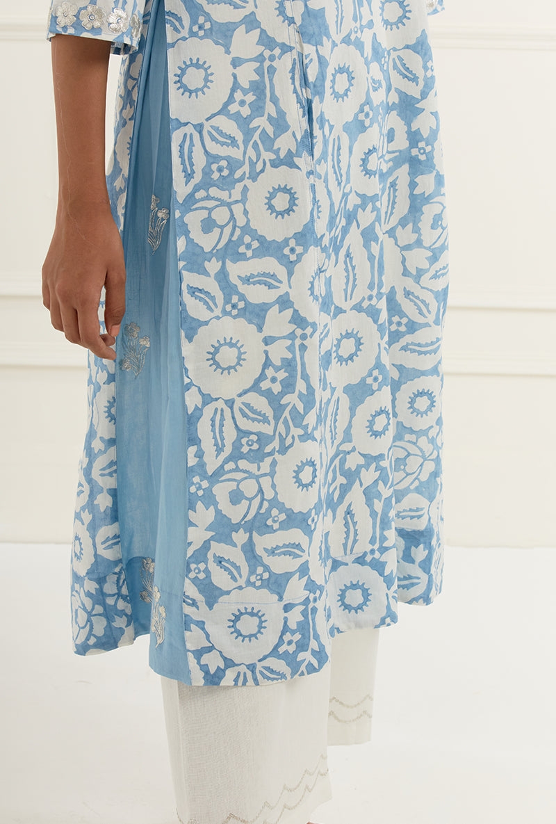 Sky Blue Floral Block Print With Side Panel Sehar Kurta