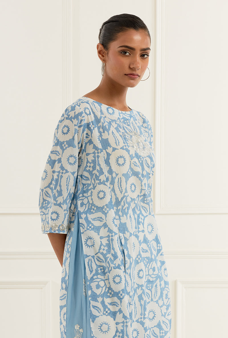 Sky Blue Floral Block Print With Side Panel Sehar Kurta