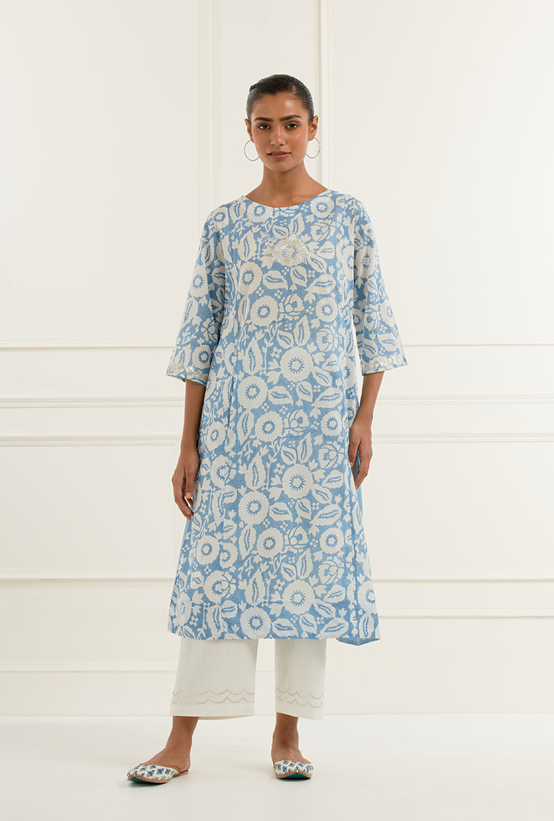 Sky Blue Floral Block Print With Side Panel Sehar Kurta