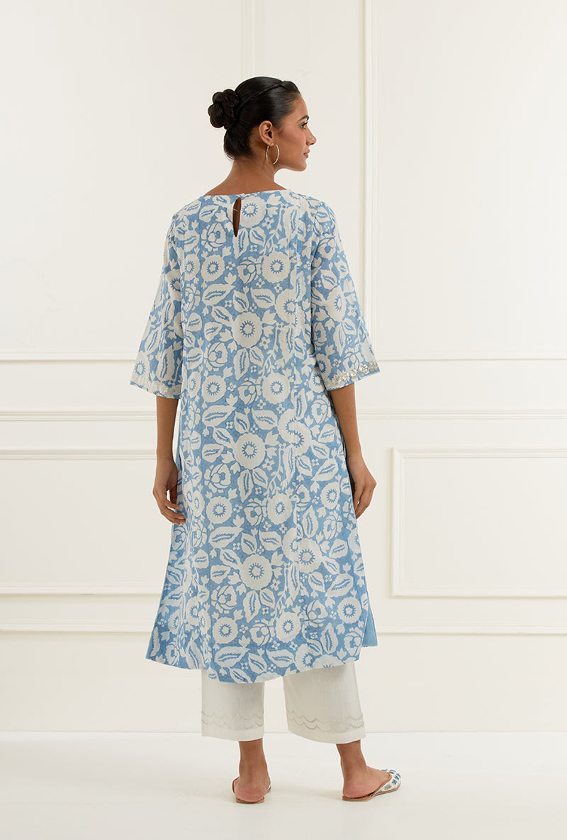 Sky Blue Floral Block Print With Side Panel Sehar Kurta