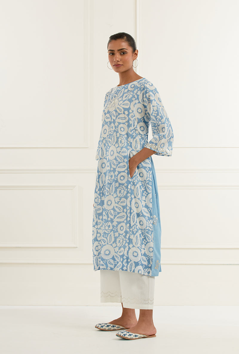 Sky Blue Floral Block Print With Side Panel Sehar Kurta