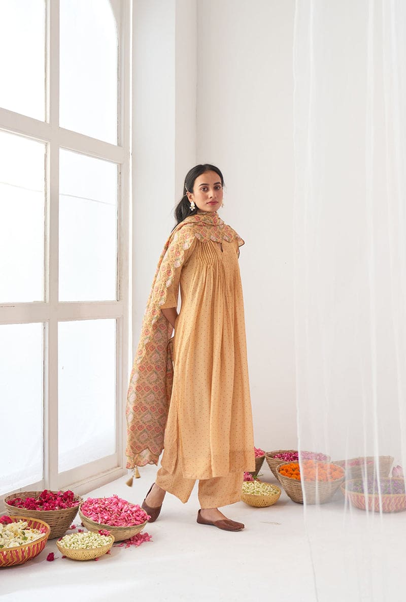 Yellow Polka Dot Print A-Line Iris Kurta Set