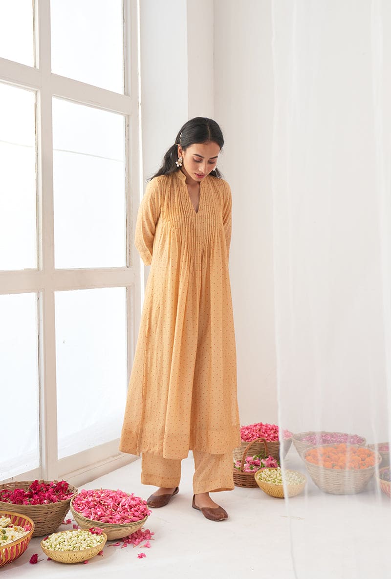Yellow Polka Dot Print A-Line Iris Kurta Set