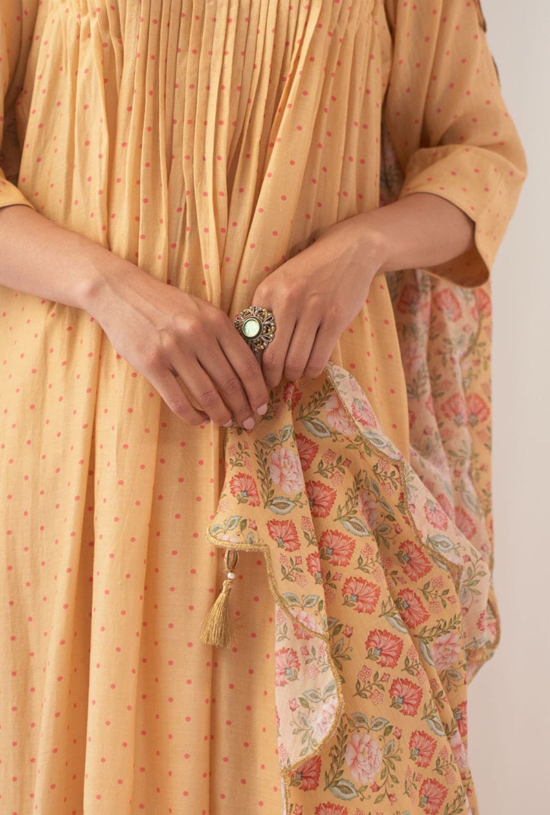 Yellow Polka Dot Print A-Line Iris Kurta Set