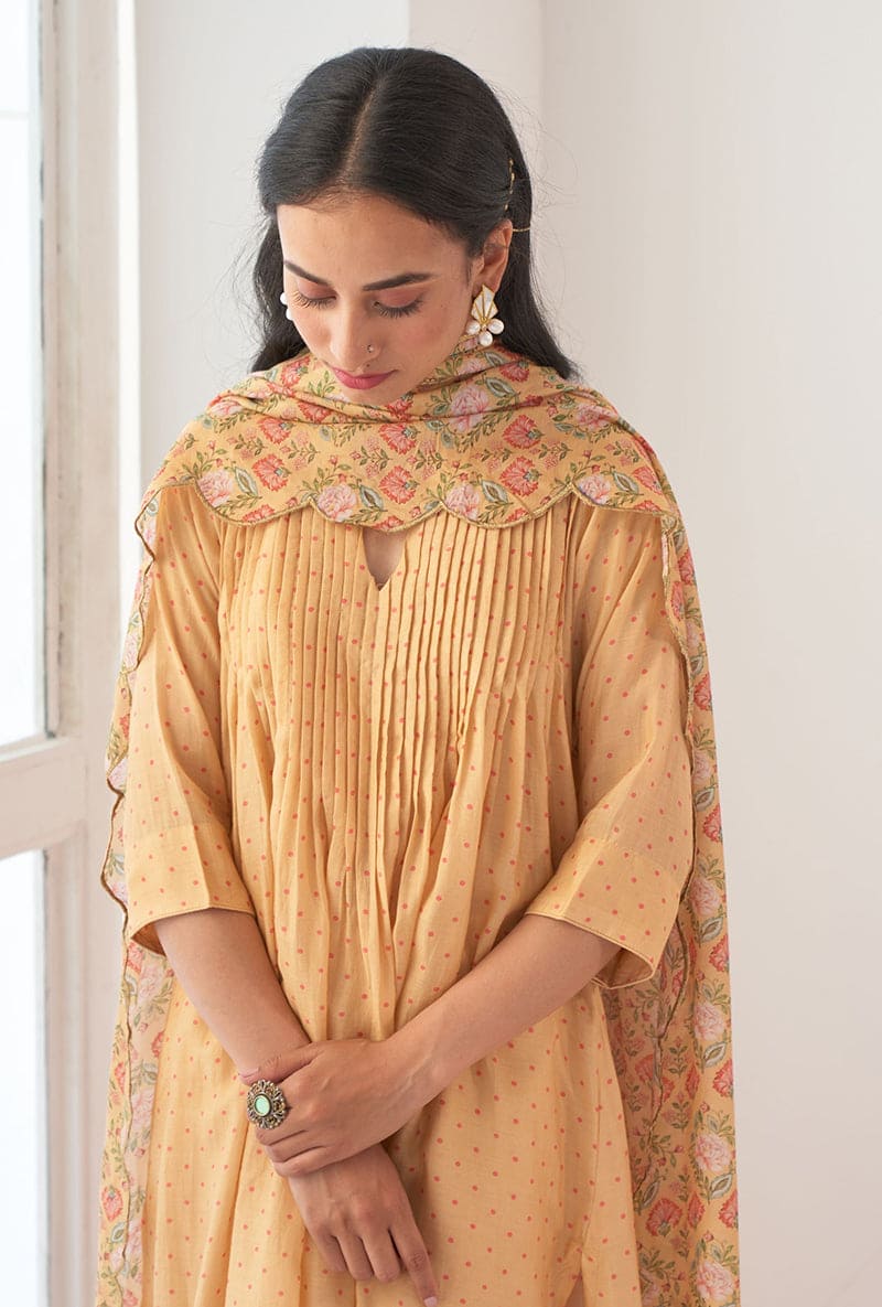 Yellow Polka Dot Print A-Line Iris Kurta Set