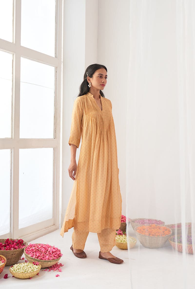 Yellow Polka Dot Print A-Line Iris Kurta Set