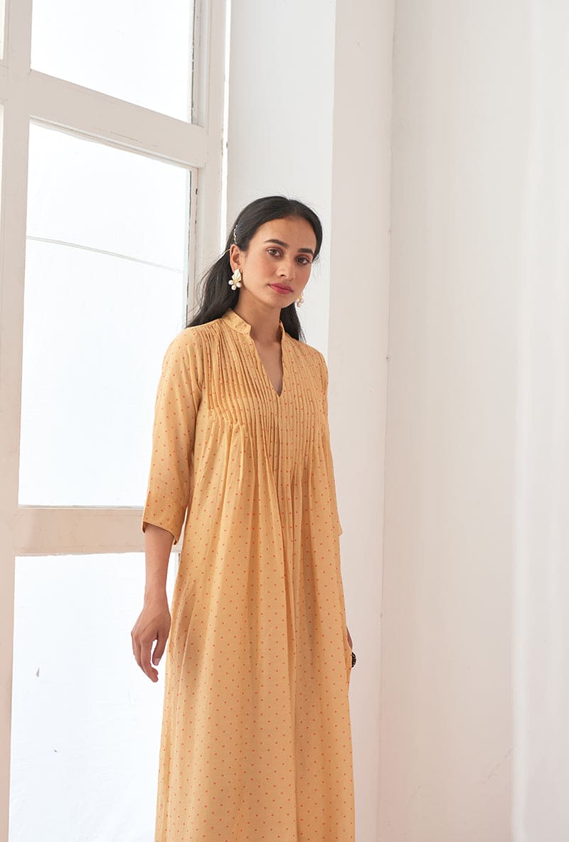 Yellow Polka Dot Print A-Line Iris Kurta Set