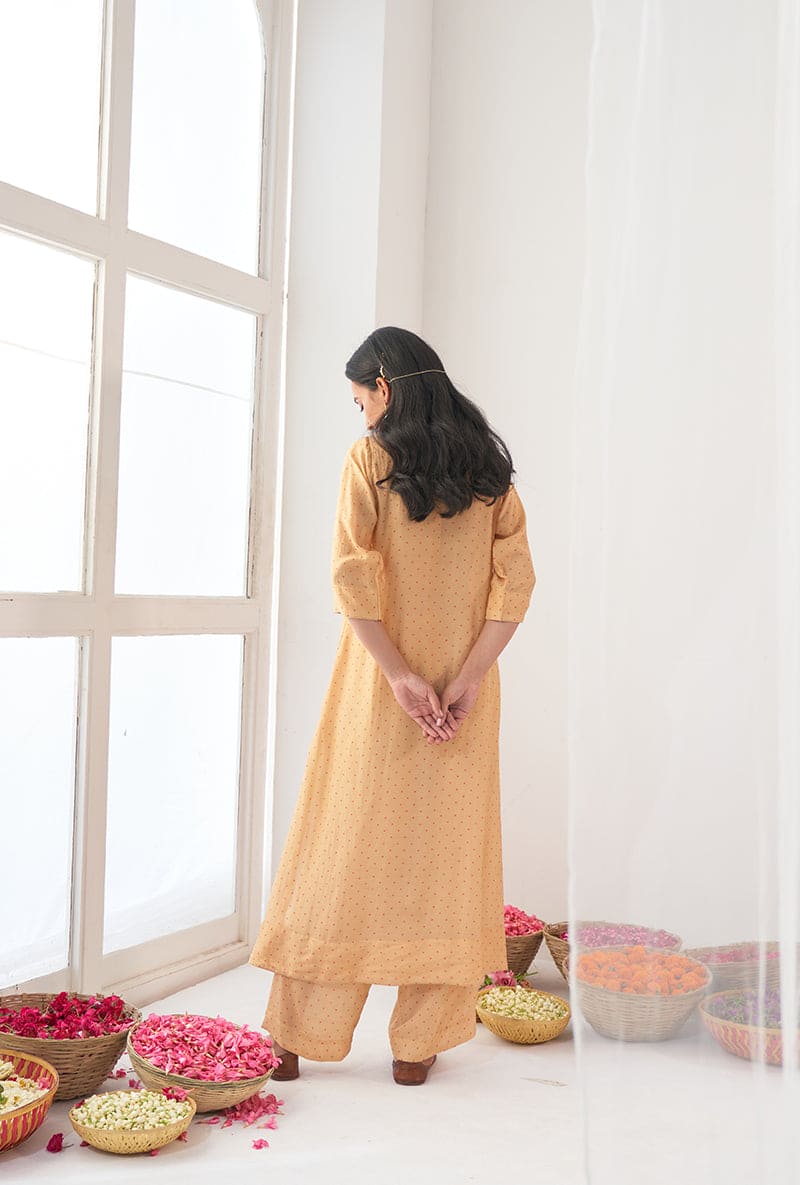 Yellow Polka Dot Print A-Line Iris Kurta Set