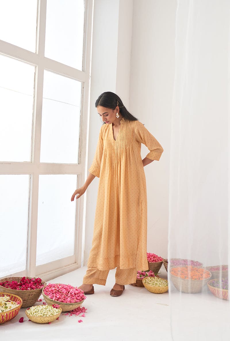 Yellow Polka Dot Print A-Line Iris Kurta Set