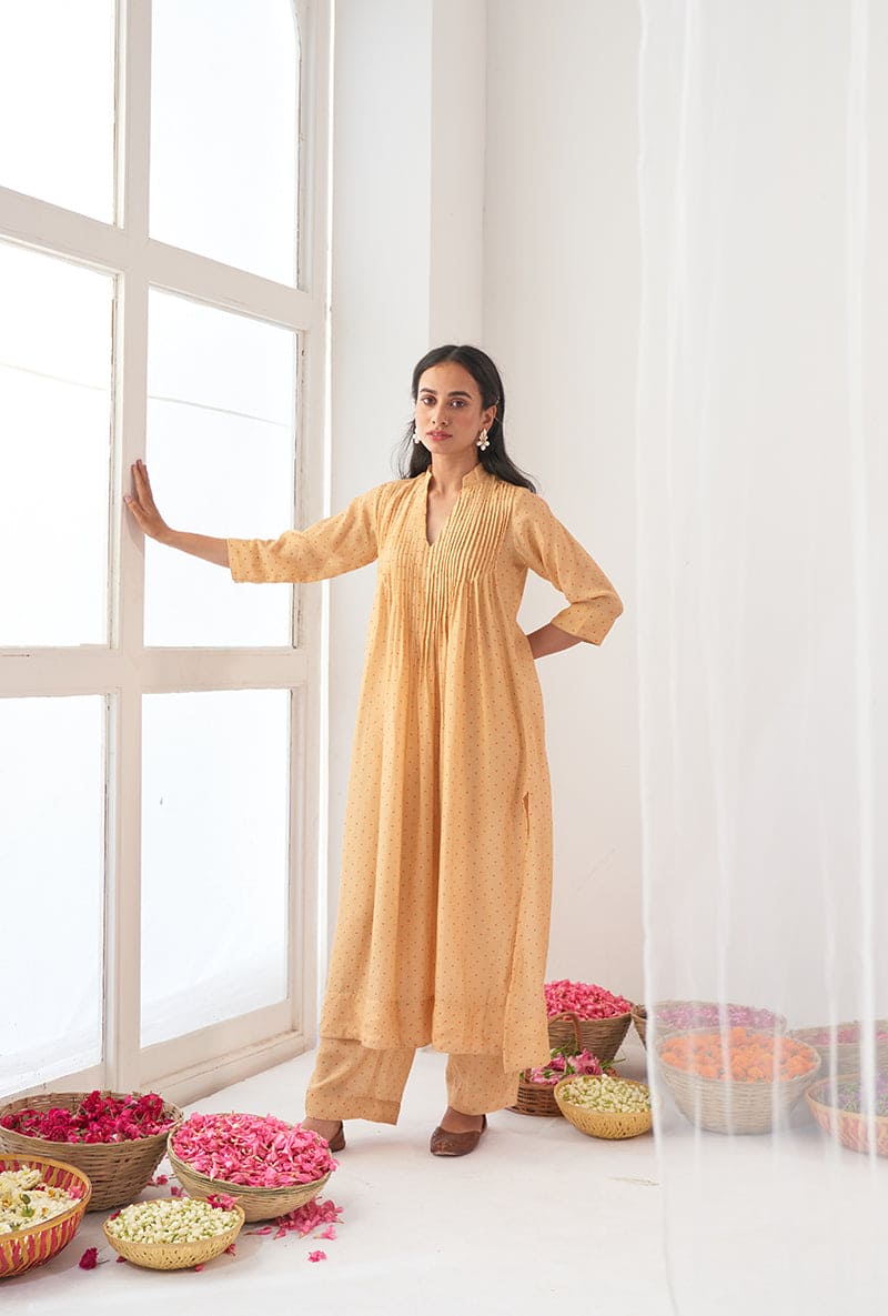 Yellow Polka Dot Print A-Line Iris Kurta Set