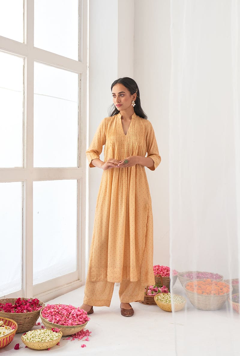 Yellow Polka Dot Print A-Line Iris Kurta Set