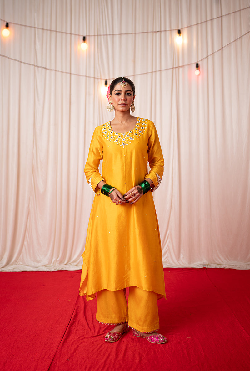 Yellow Embroidered A Line Kikli Kurta Set