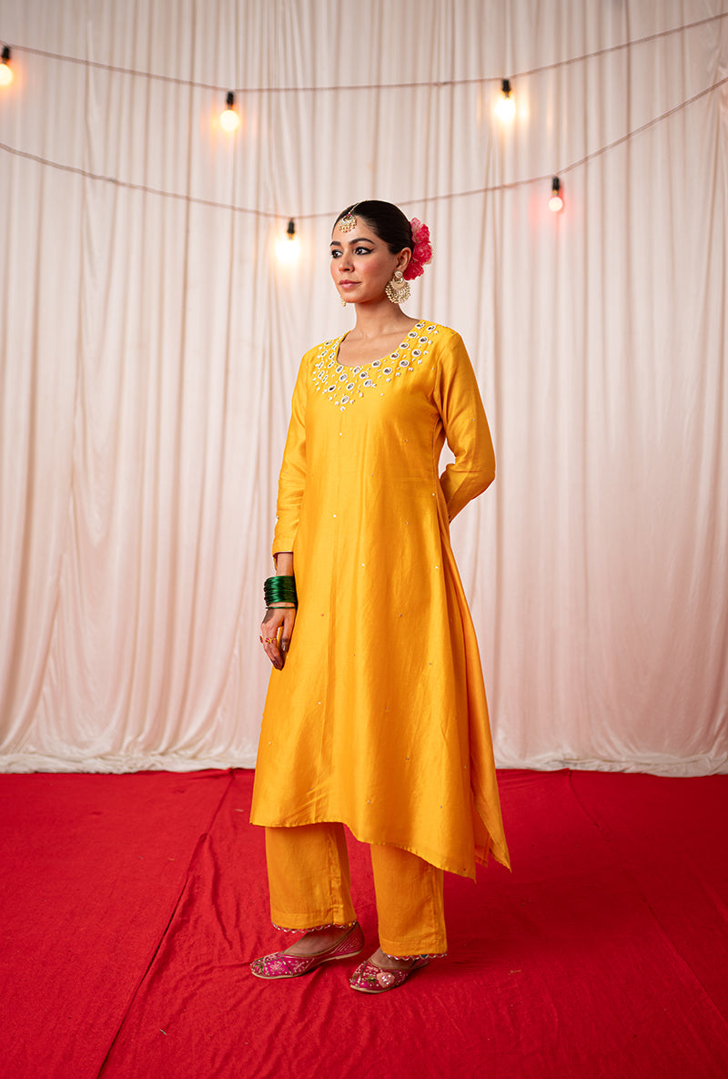 Yellow Embroidered A Line Kikli Kurta Set