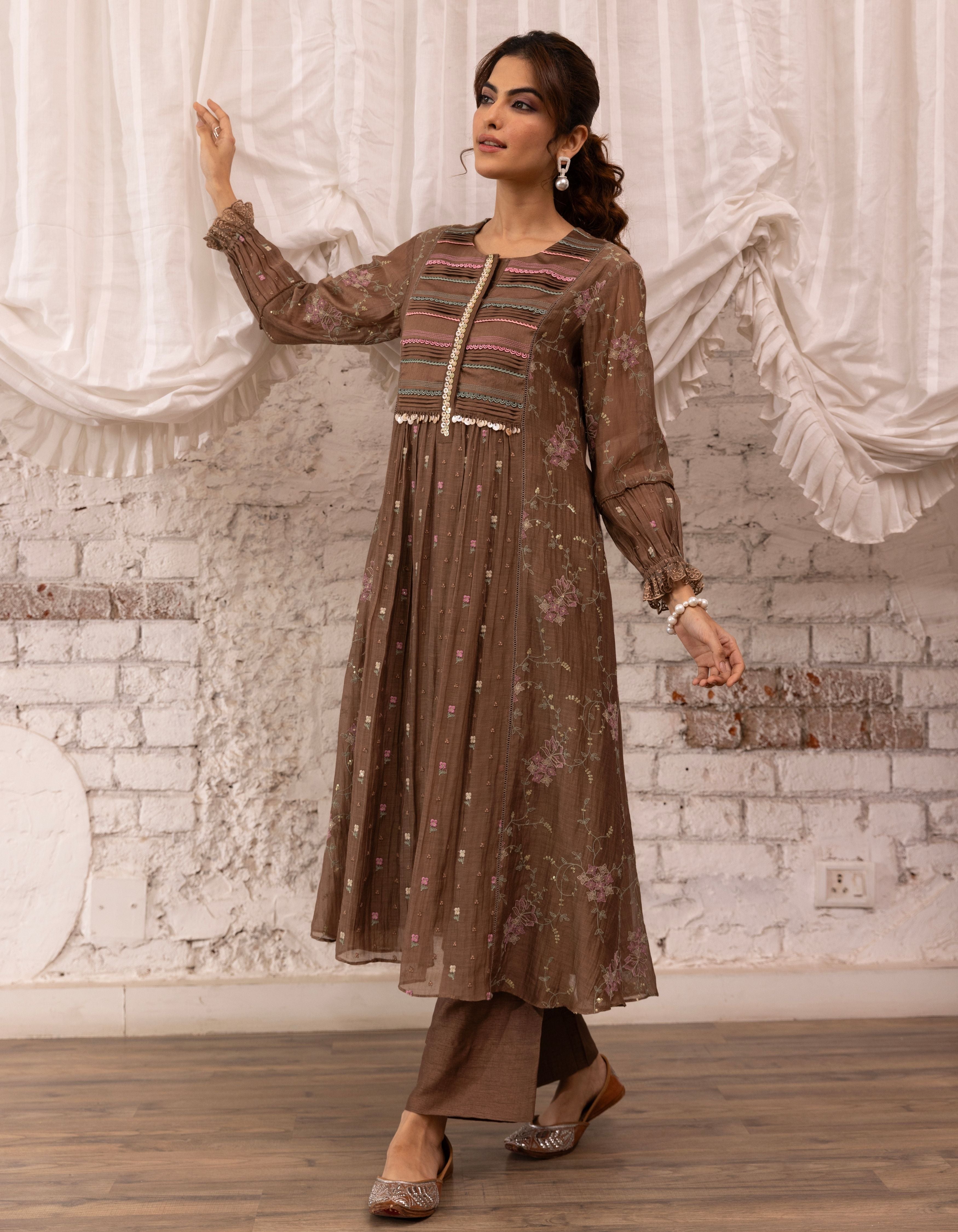 Brown Threadwork Long Yoke Noor Kurta Set