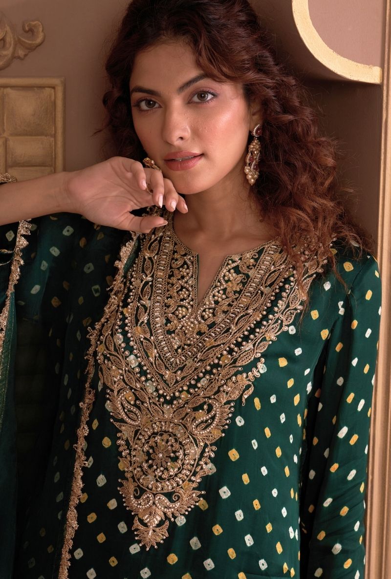 Green Bandhej Rasia Kurta Set