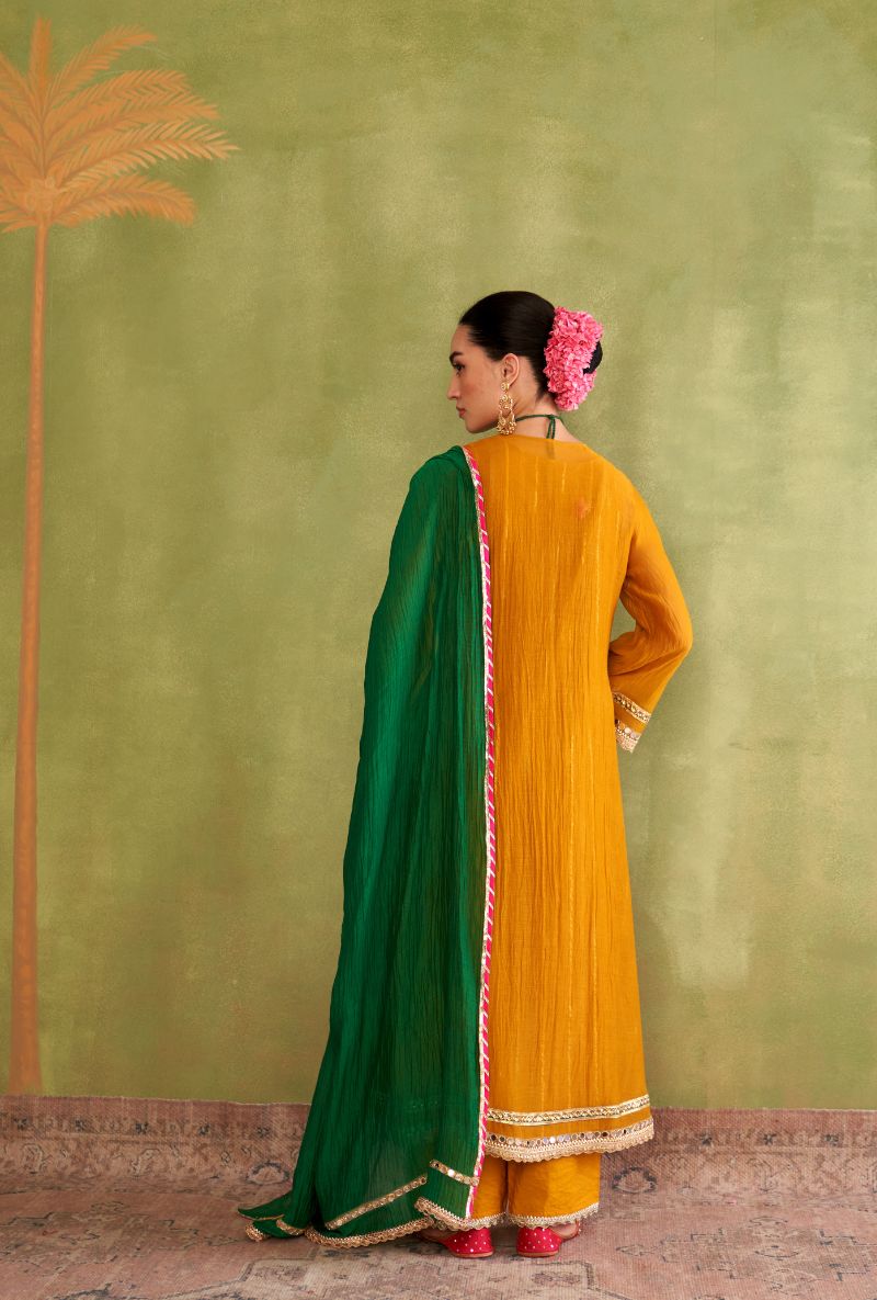 Mustard Contrast Neck Morbagh Kurta Set