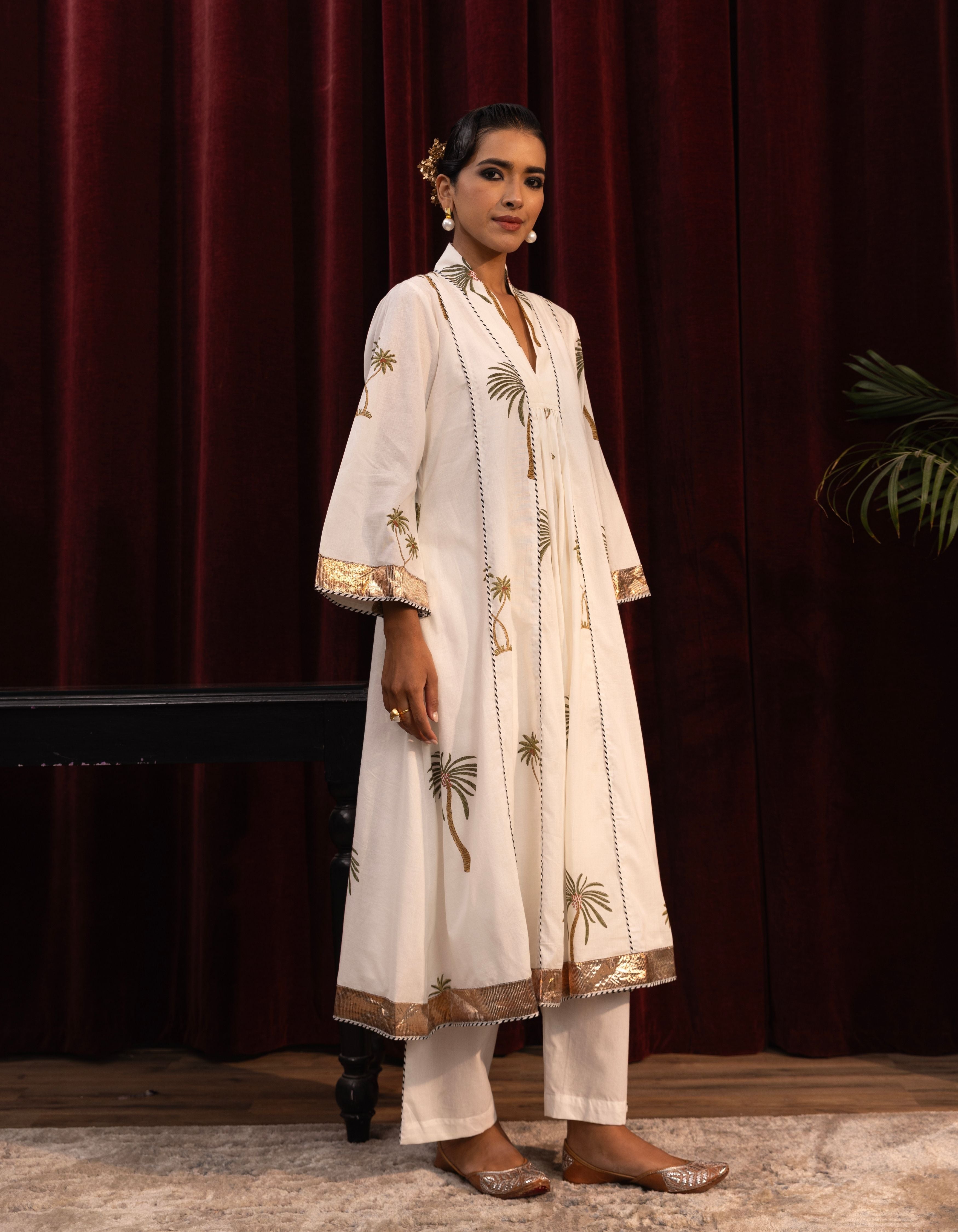 White Palm Print Kali Mogra Kurta Set