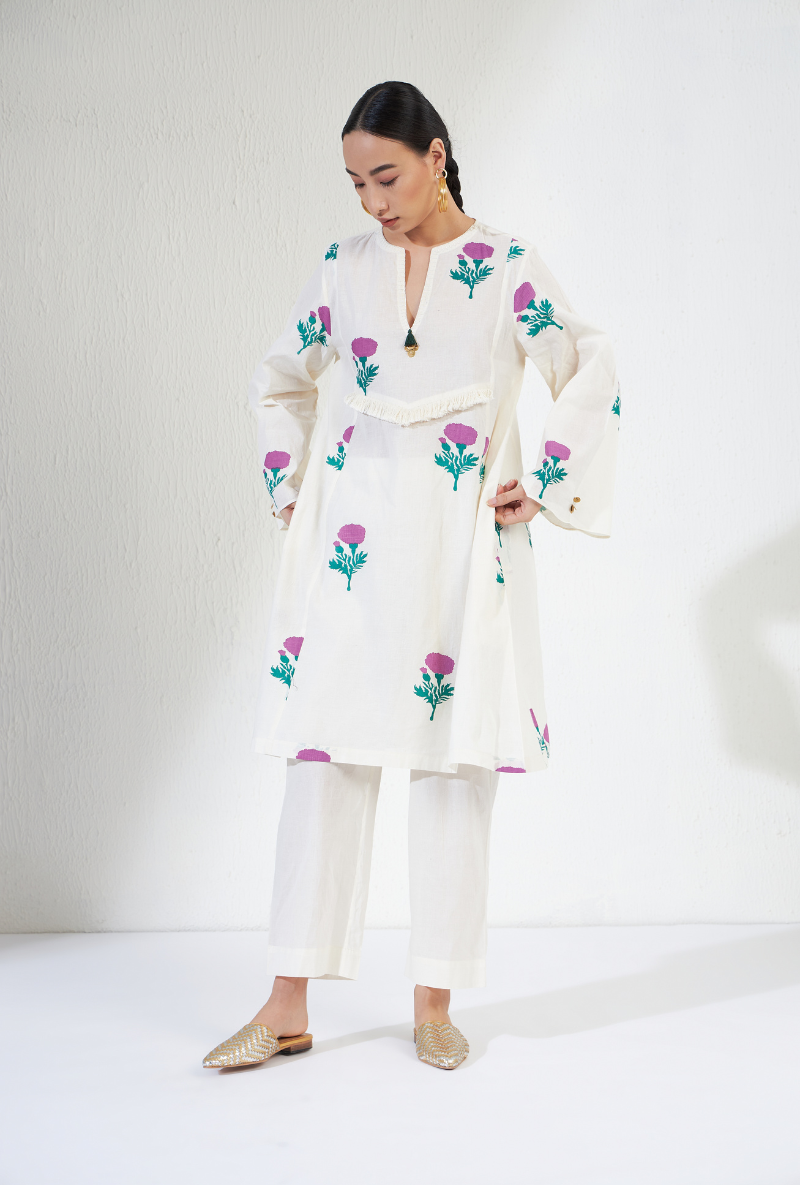 White Cotton Hand Block Print Tassel Veera Olivia Kurta Set