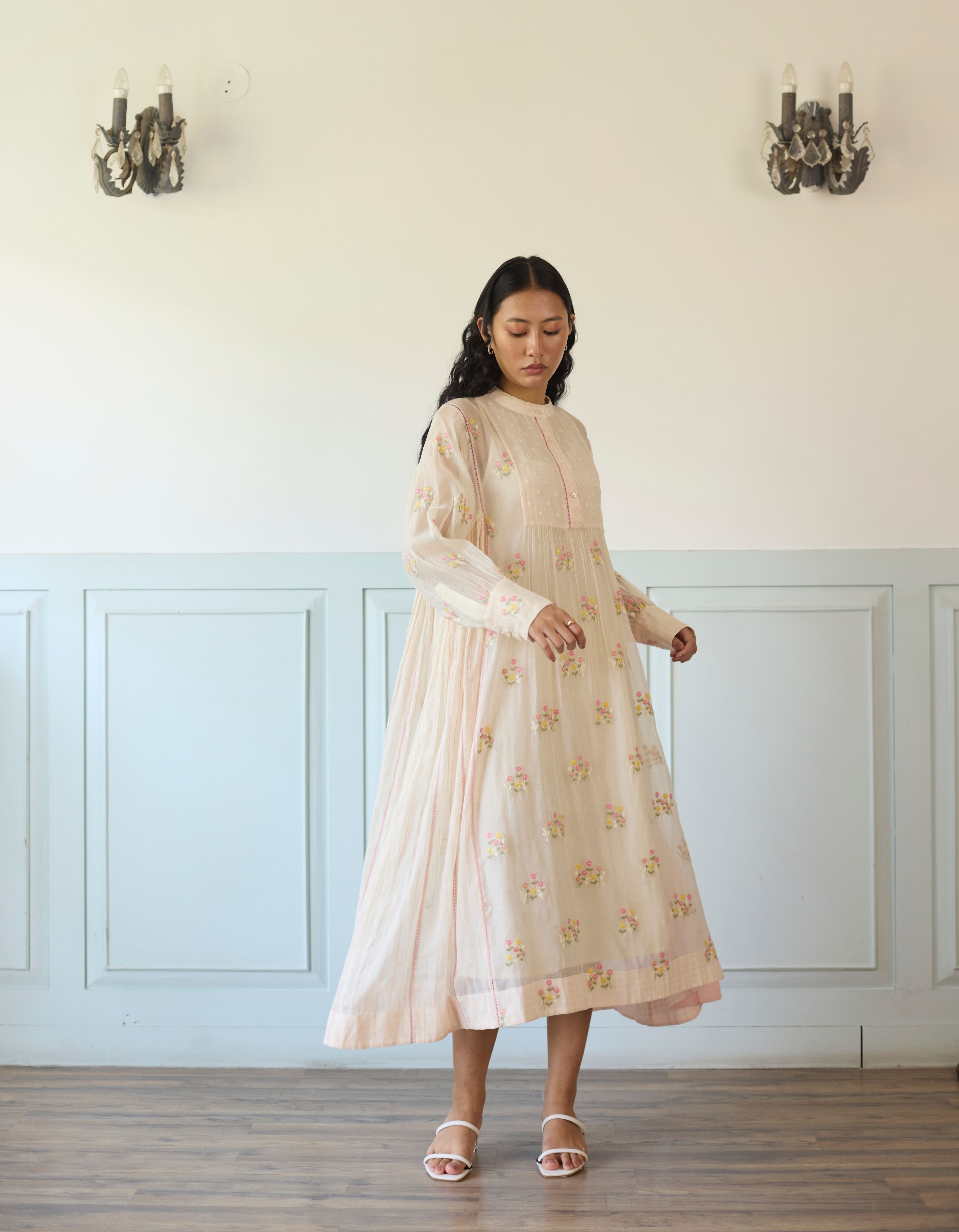 Light Pink Embroidered Front Pleat Amelia Dress