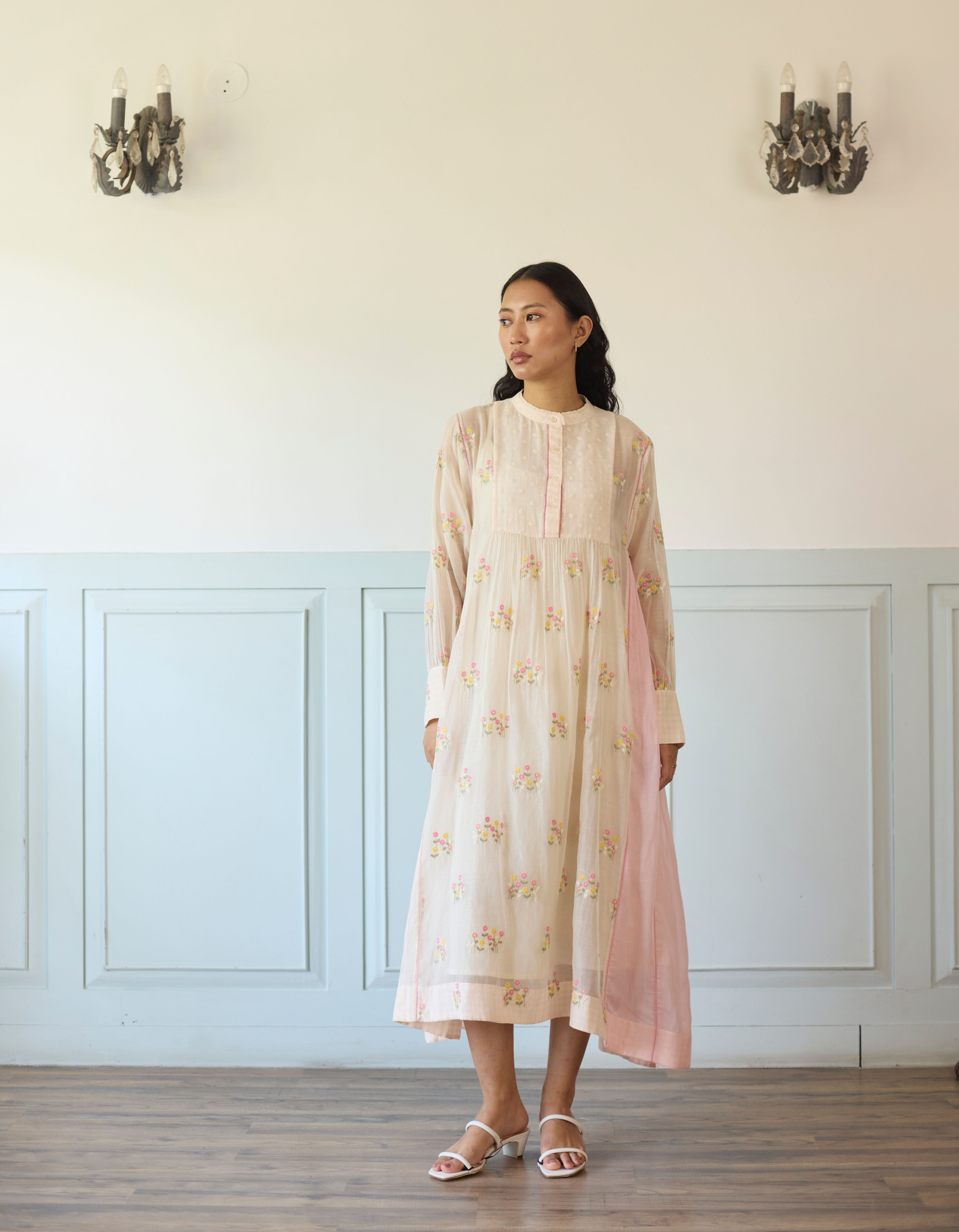 Light Pink Embroidered Front Pleat Amelia Dress