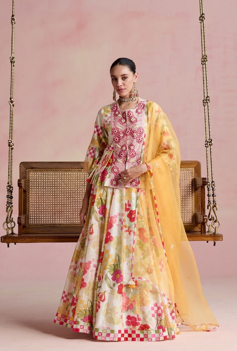 Multi Color Heavy Embroidered Jacket Amara Lehenga Set