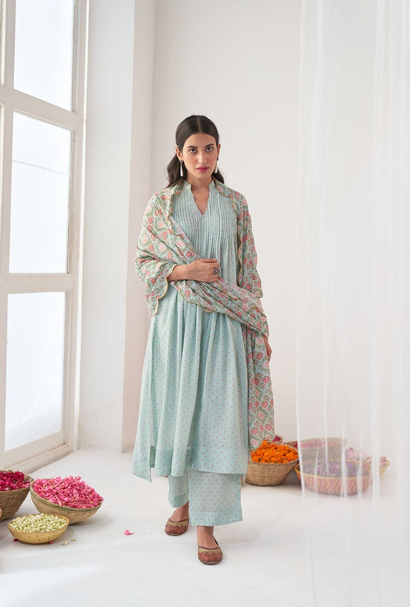 Aqua Polka Dot Print A-Line Iris Kurta Set