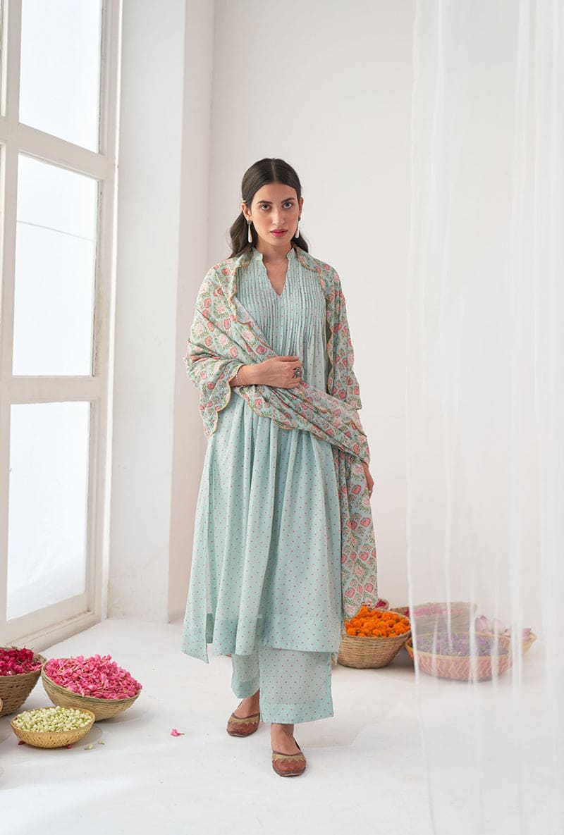 Aqua Polka Dot Print A-Line Iris Kurta Set