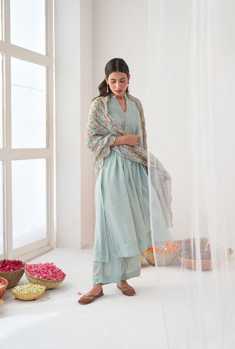 Aqua Polka Dot Print A-Line Iris Kurta Set