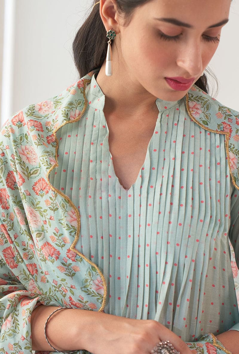 Aqua Polka Dot Print A-Line Iris Kurta Set