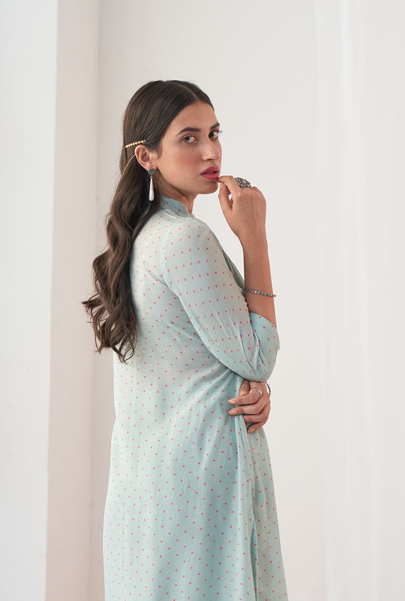 Aqua Polka Dot Print A-Line Iris Kurta Set