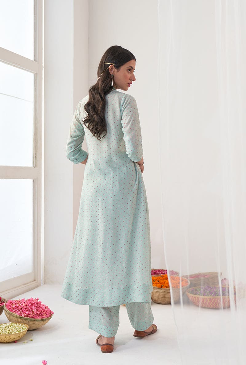 Aqua Polka Dot Print A-Line Iris Kurta Set